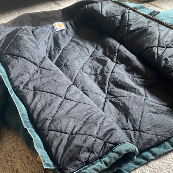 🍒V I N T A G E Carhartt Teal Duck Work Jacket with Dark Corduroy Collar R A R E - Picture 8 of 10